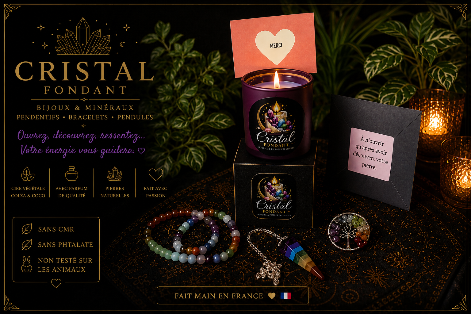 Bougie 7 Chakras ~160G + pendule , pendentif ou bracelet